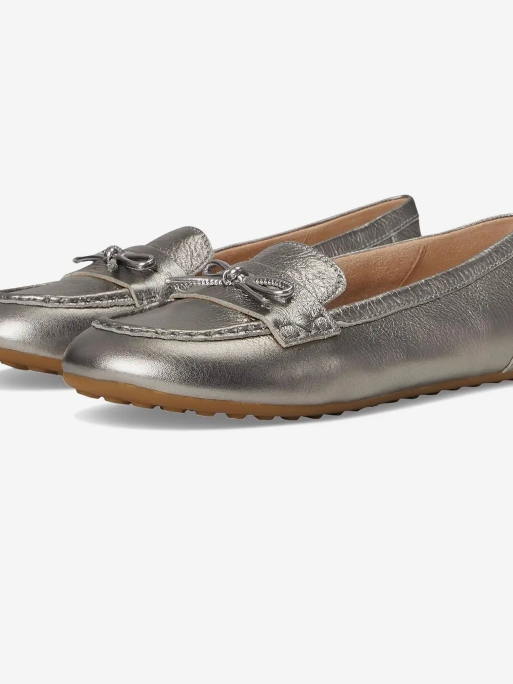 Vionic Metallic Silver Taryn Driver Shoes Leather Loafers with Bow Accent
